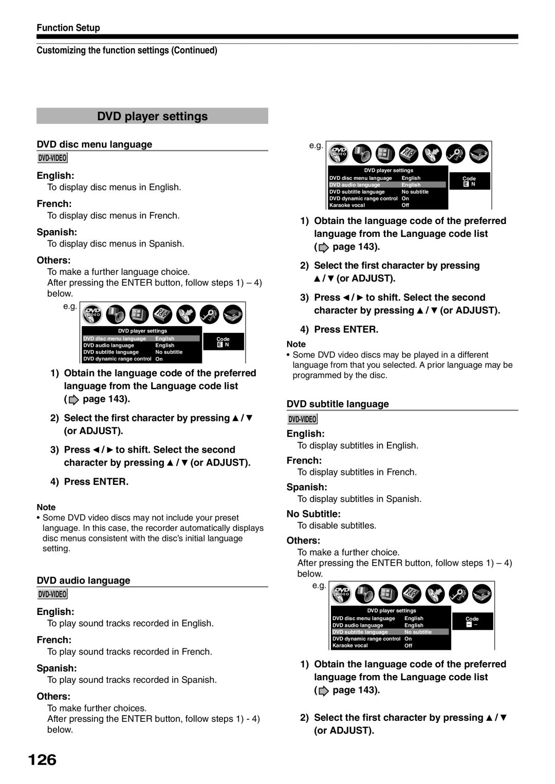 Toshiba D-R2SU, D-R2SC, D-KR2SU owner manual 126, DVD player settings 