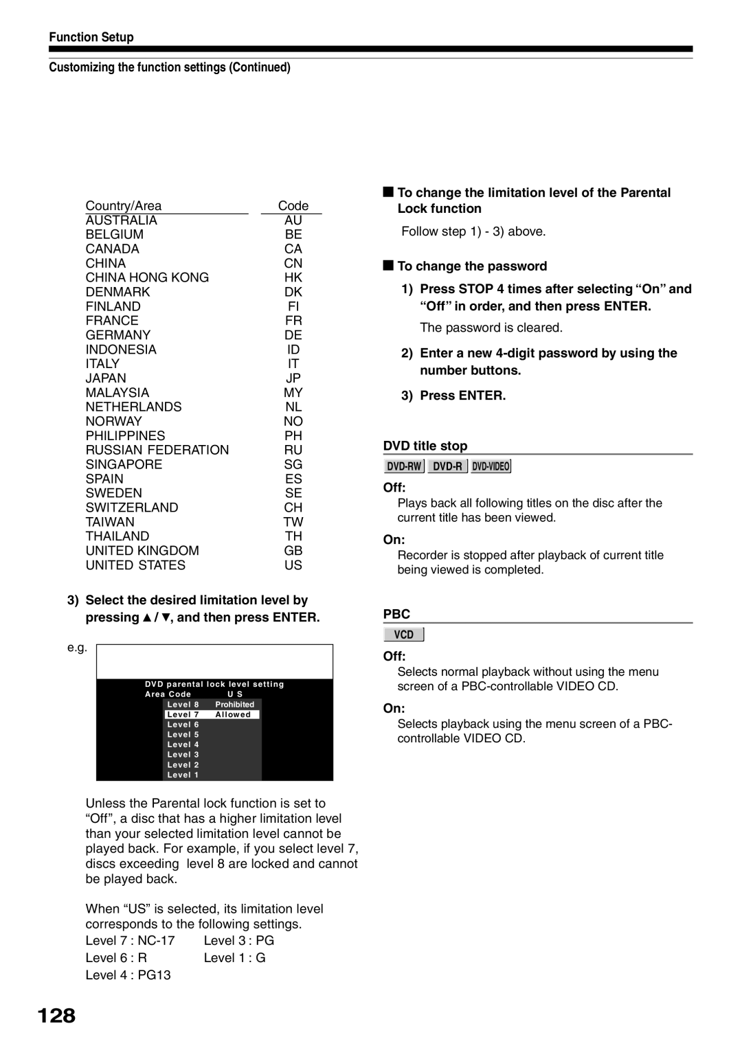 Toshiba D-KR2SU, D-R2SU, D-R2SC owner manual 128, Code 