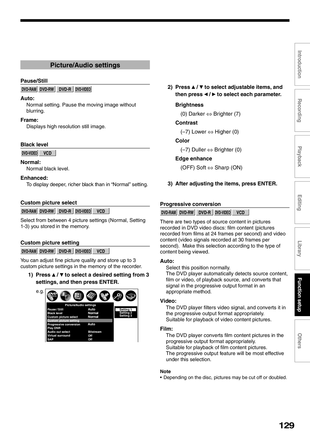 Toshiba D-R2SU, D-R2SC, D-KR2SU owner manual 129, Picture/Audio settings 