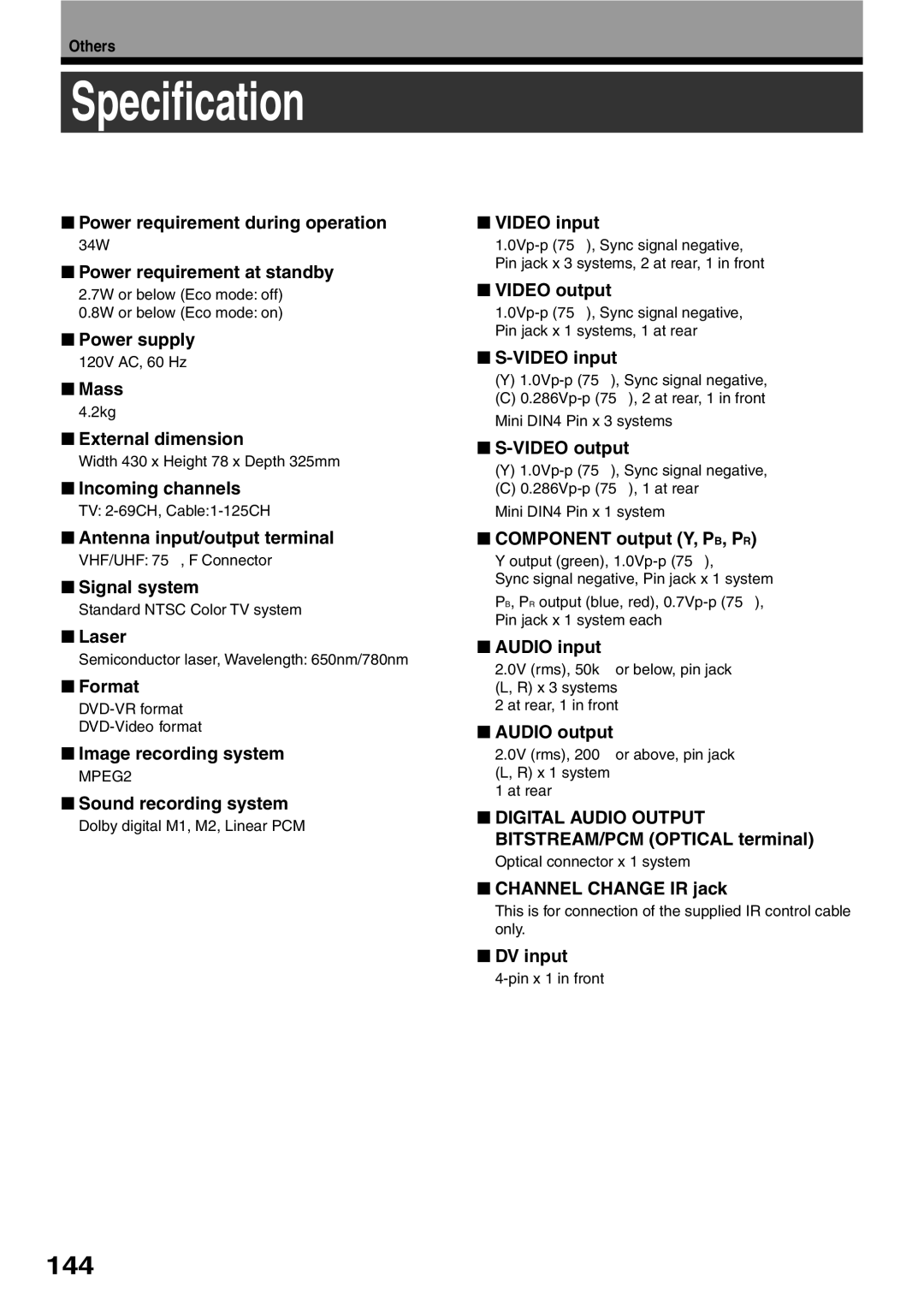 Toshiba D-R2SU, D-R2SC, D-KR2SU owner manual Specification, 144, MPEG2 