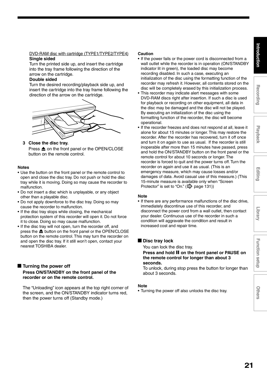 Toshiba D-R2SU, D-R2SC, D-KR2SU Turning the power off, Disc tray lock, Single sided, Double sided, Close the disc tray 