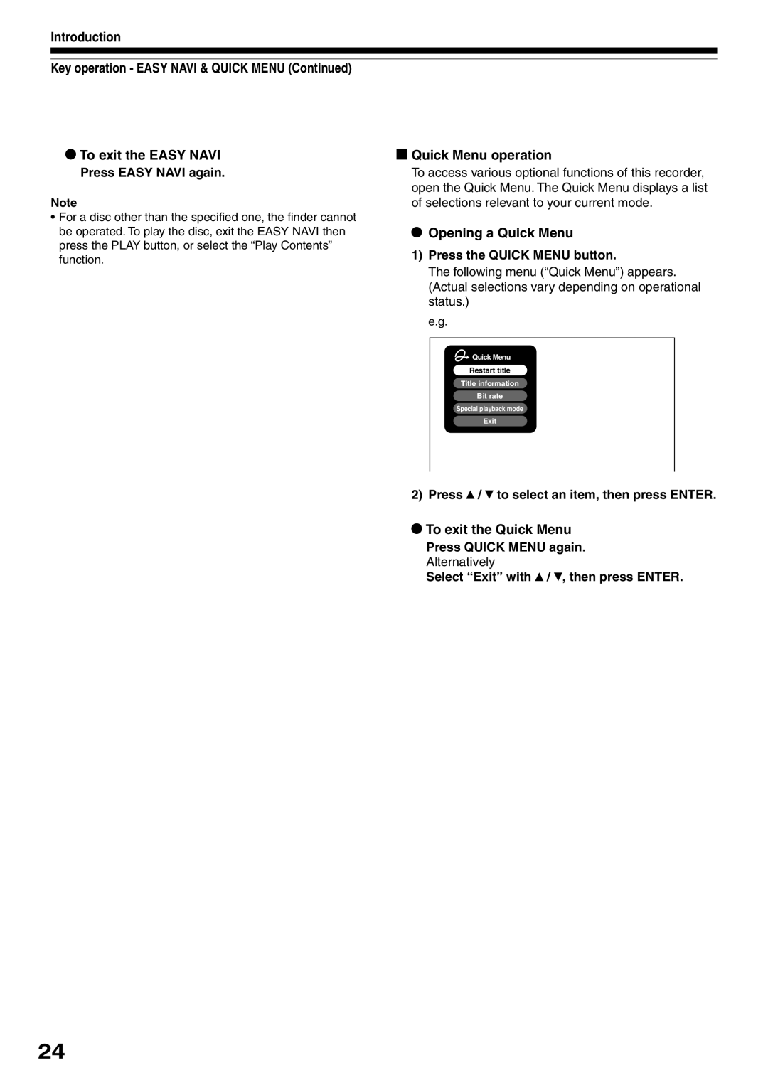 Toshiba D-R2SU, D-R2SC, D-KR2SU owner manual Opening a Quick Menu, To exit the Quick Menu 