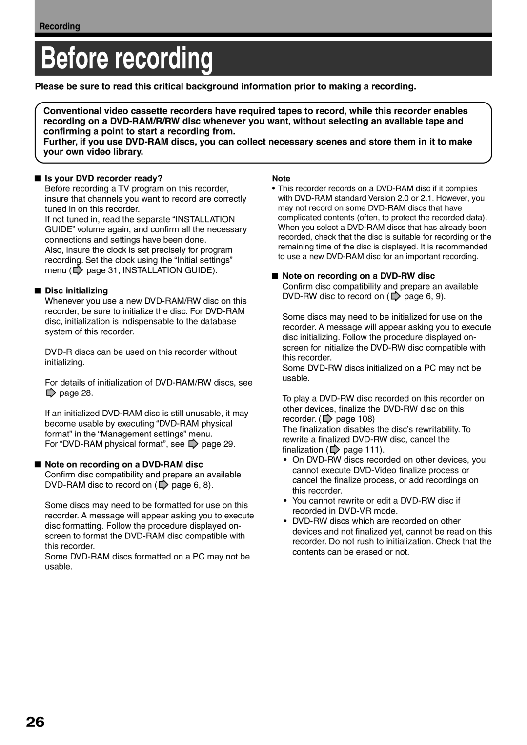 Toshiba D-KR2SU, D-R2SU, D-R2SC owner manual Before recording, Recording, Is your DVD recorder ready?, Disc initializing 