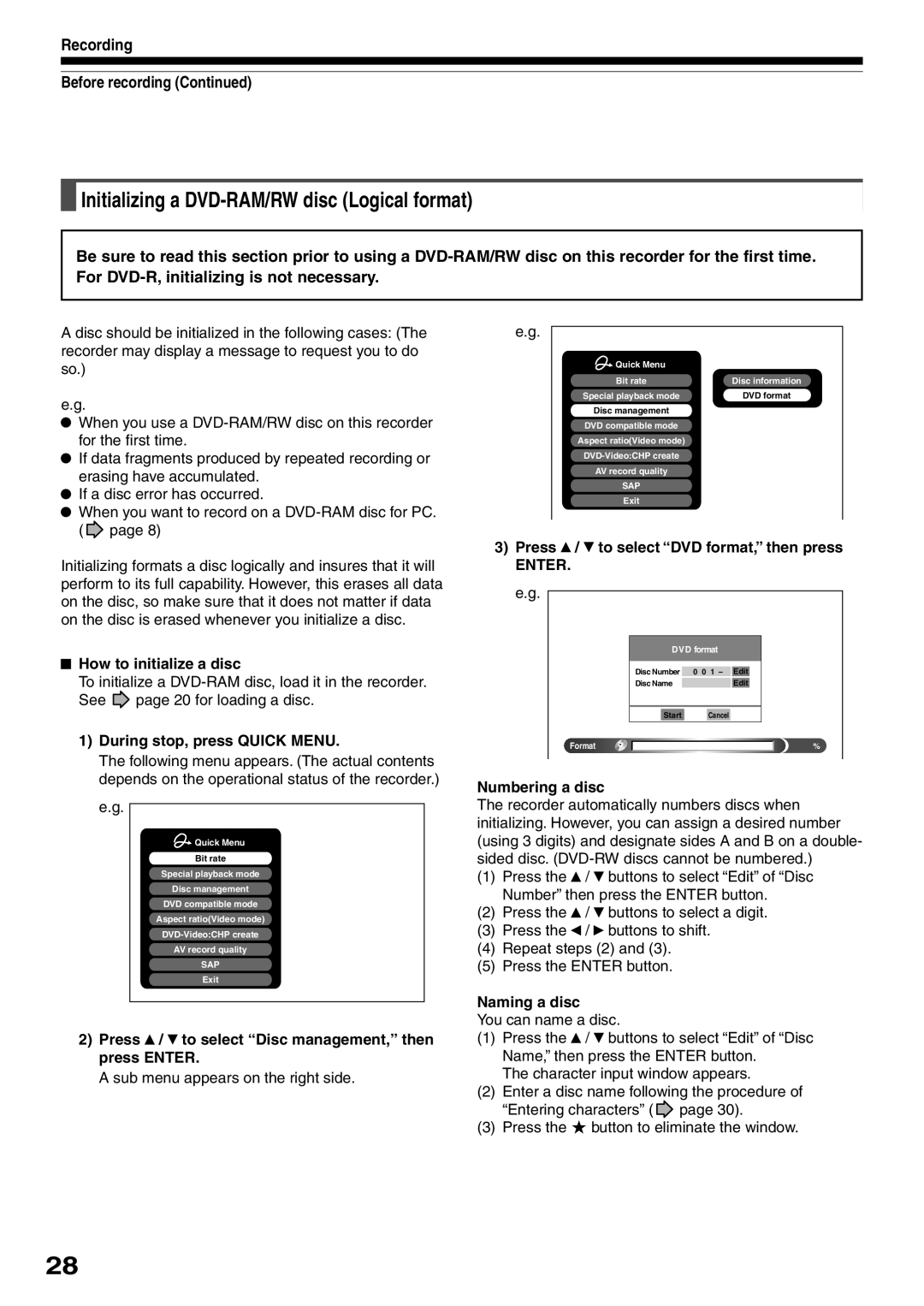 Toshiba D-R2SC, D-R2SU, D-KR2SU owner manual Initializing a DVD-RAM/RW disc Logical format, Recording Before recording 