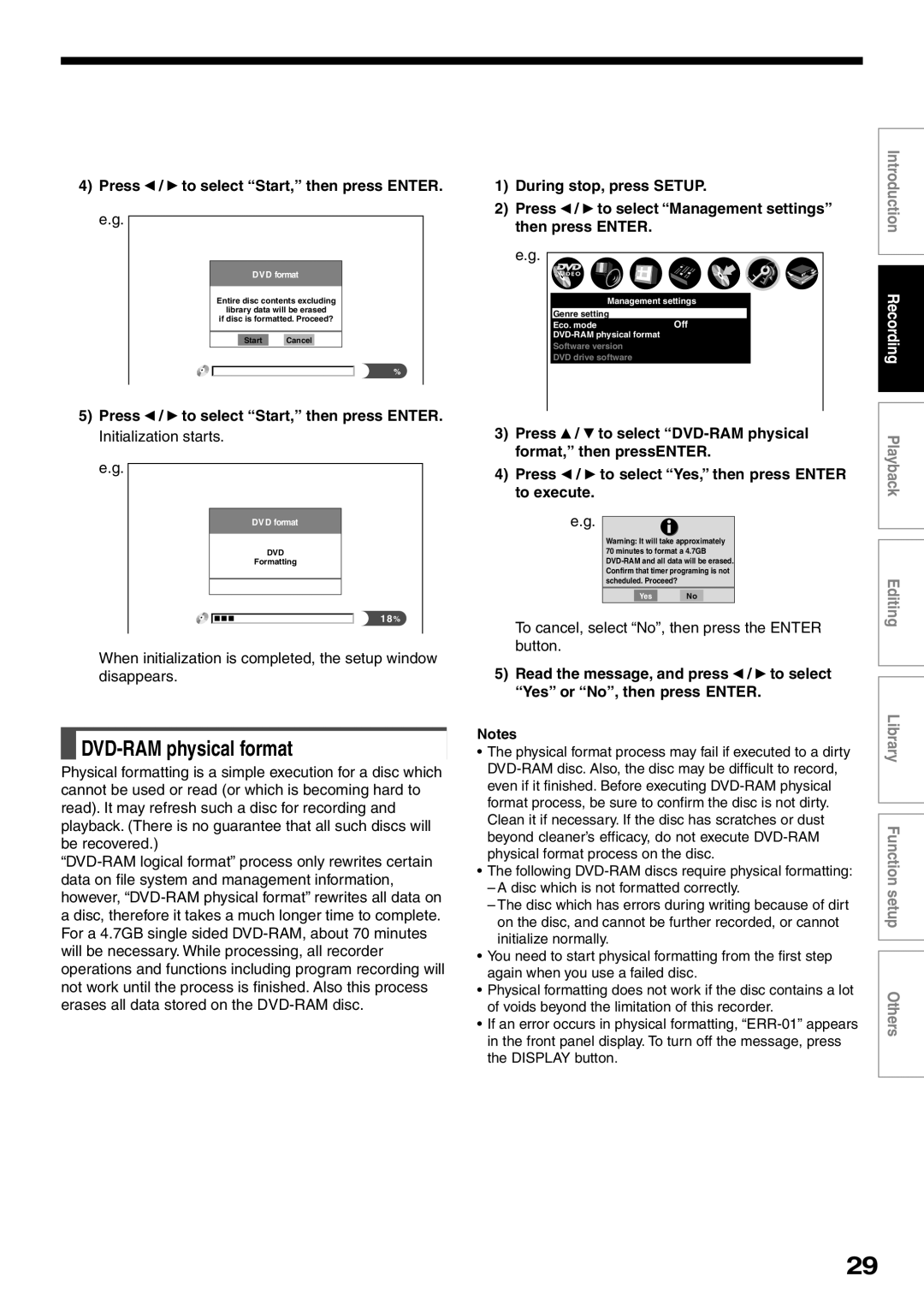 Toshiba D-KR2SU, D-R2SU, D-R2SC DVD-RAM physical format, Press To select Start, then press Enter, Initialization starts 