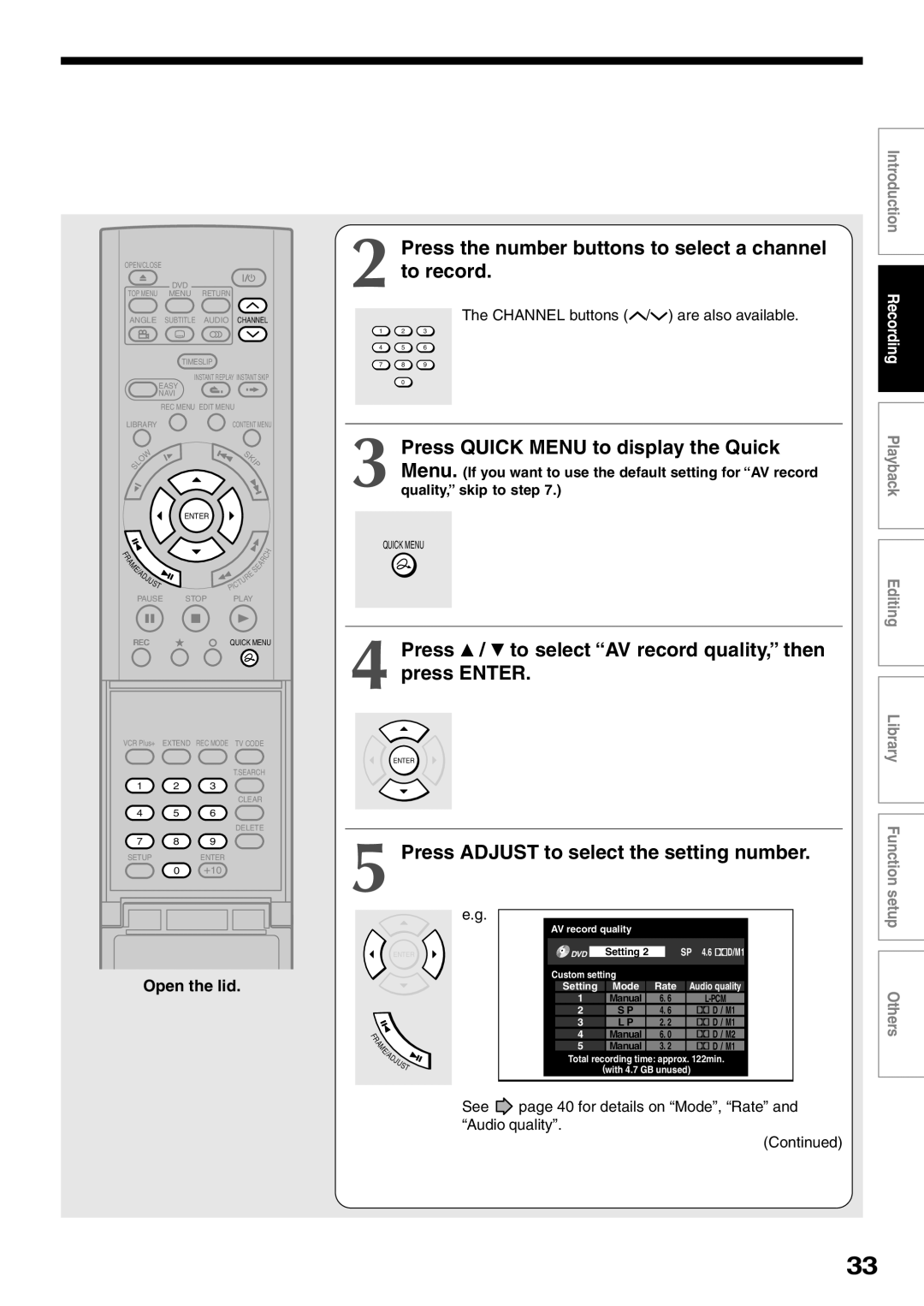 Toshiba D-R2SU, D-R2SC Press the number buttons to select a channel to record, Press Adjust to select the setting number 