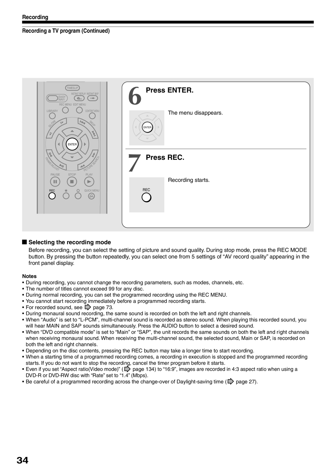 Toshiba D-R2SC, D-R2SU, D-KR2SU Press Enter, Press REC, Recording Recording a TV program, Selecting the recording mode 