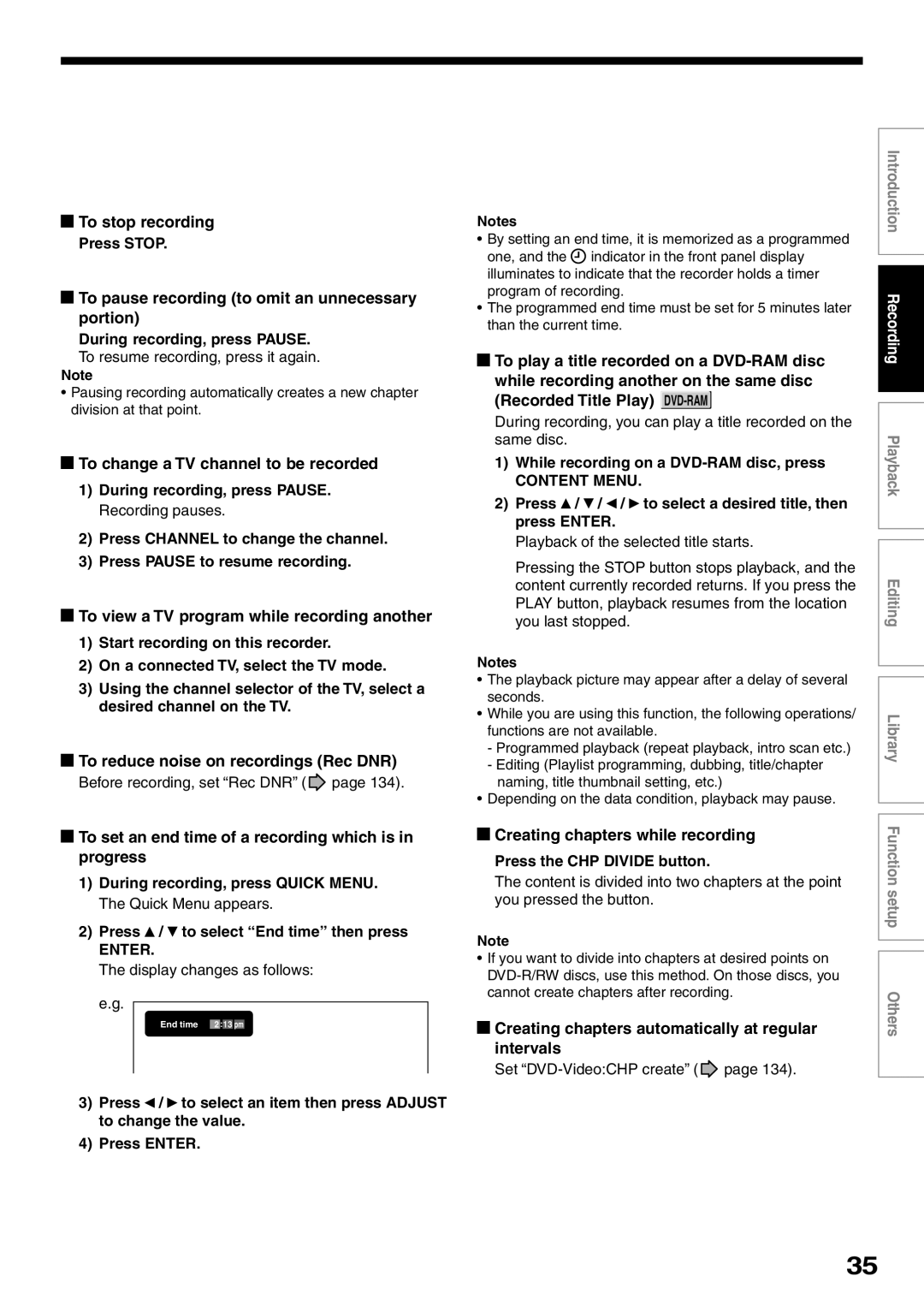 Toshiba D-KR2SU To stop recording, To pause recording to omit an unnecessary portion, Creating chapters while recording 