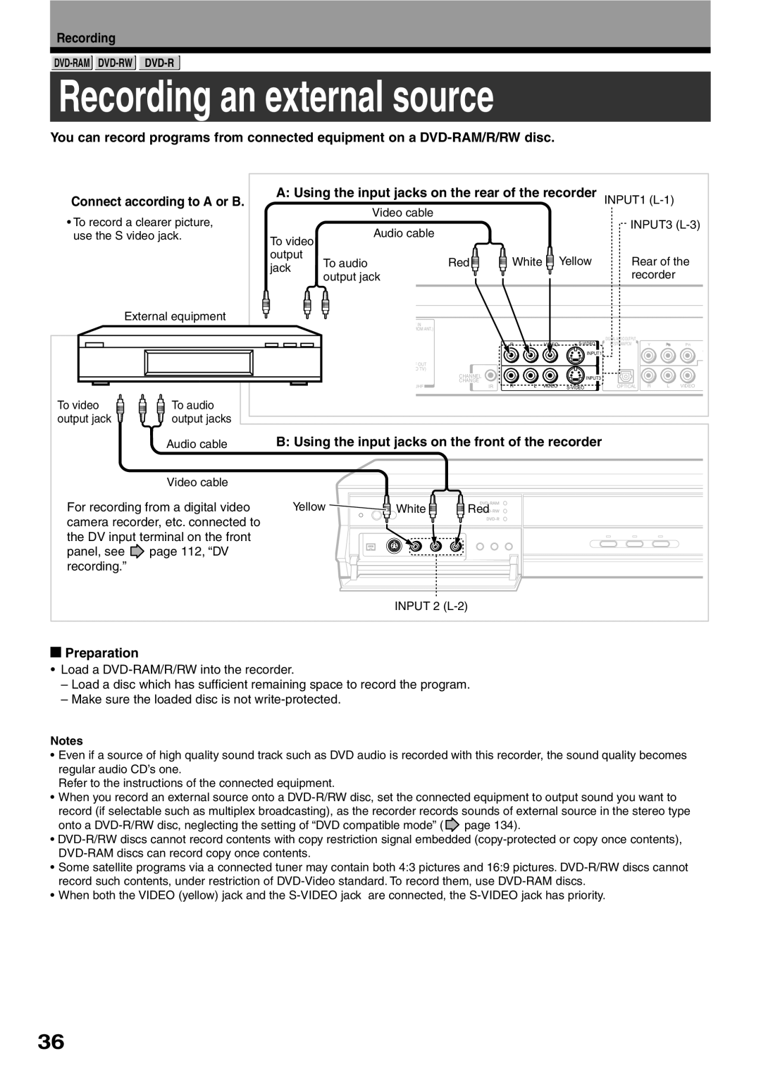 Toshiba D-R2SU, D-R2SC, D-KR2SU owner manual Recording an external source, Using the input jacks on the front of the recorder 