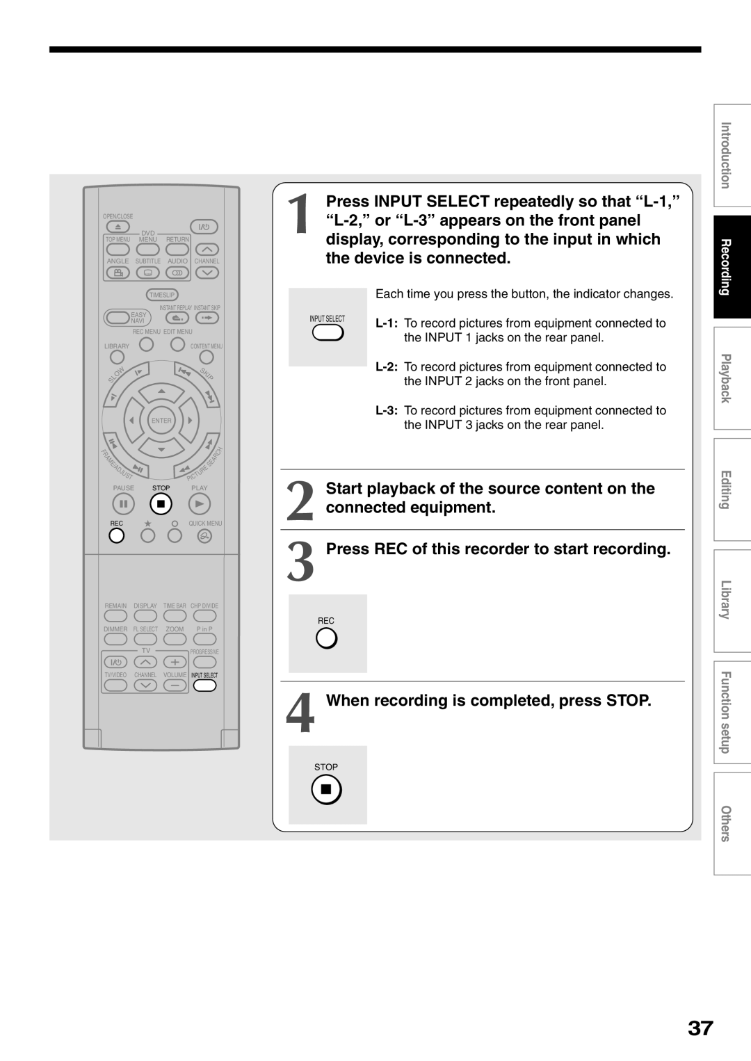 Toshiba D-R2SC, D-R2SU When recording is completed, press Stop, Each time you press the button, the indicator changes 