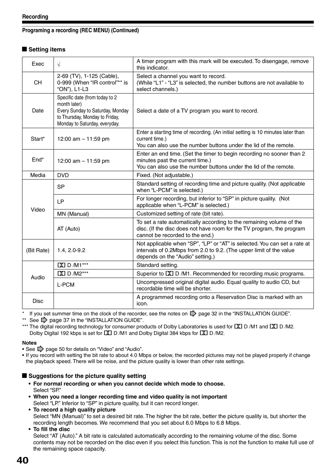 Toshiba D-R2SC Recording Programing a recording REC Menu Setting items, Suggestions for the picture quality setting, Dvd 