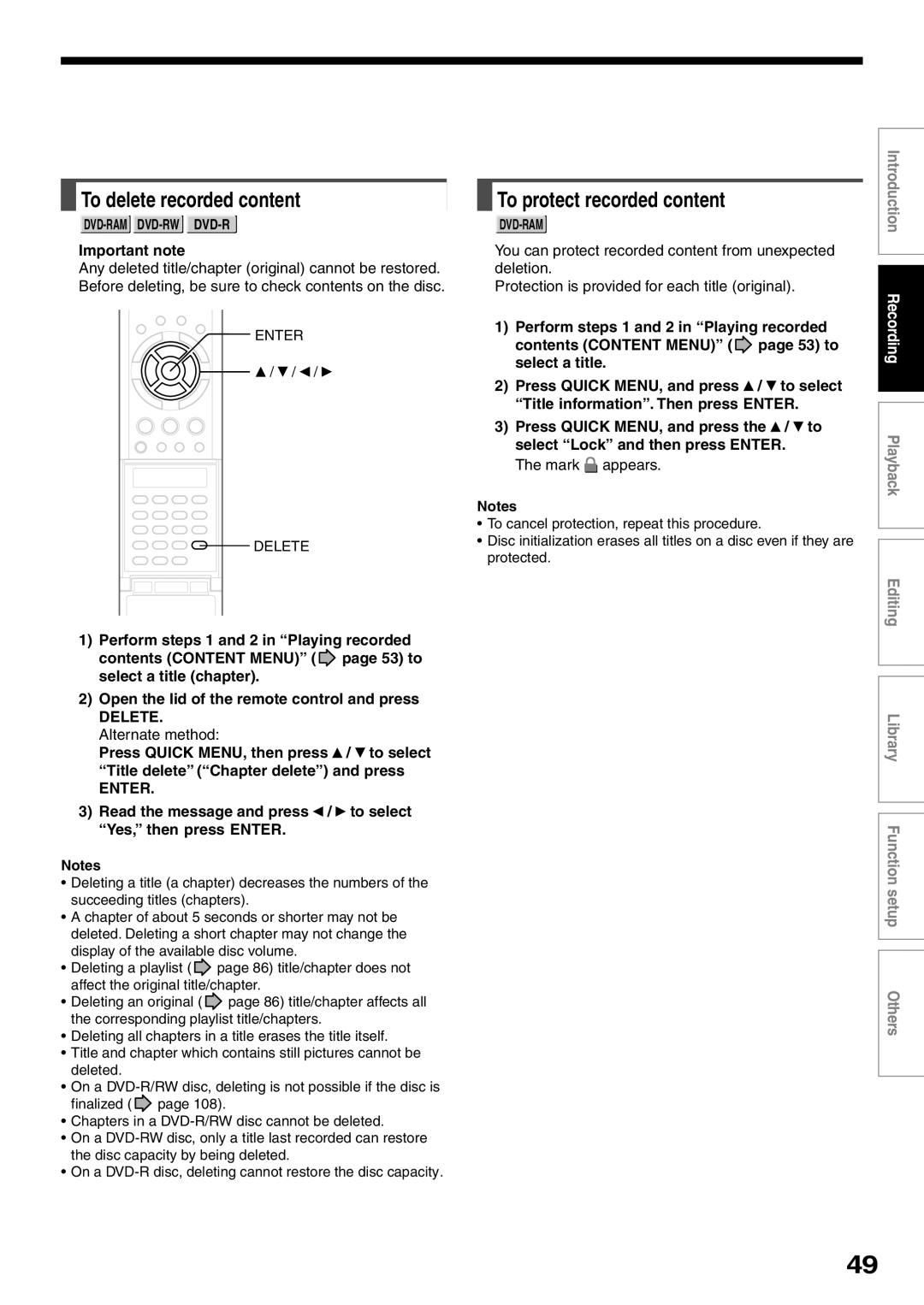 Toshiba D-R2SC, D-R2SU, D-KR2SU To delete recorded content, To protect recorded content, Important note, Enter Delete 