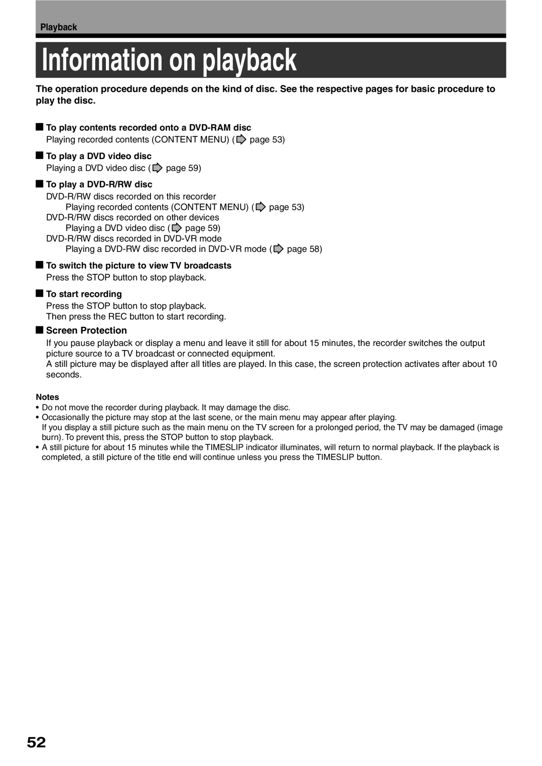 Toshiba D-R2SC, D-R2SU, D-KR2SU owner manual Information on playback, Playback, Screen Protection 