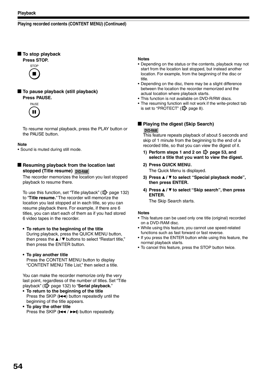 Toshiba D-R2SU, D-R2SC, D-KR2SU owner manual To pause playback still playback, Playing the digest Skip Search 