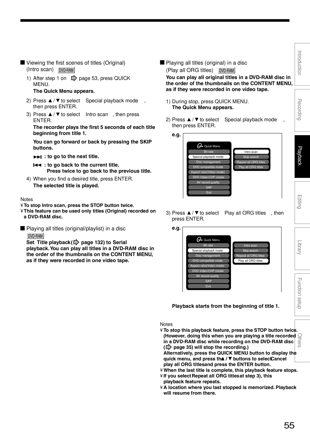 Toshiba D-R2SC, D-R2SU, D-KR2SU Playing all titles original/playlist in a disc, After on page 53, press Quick Menu 