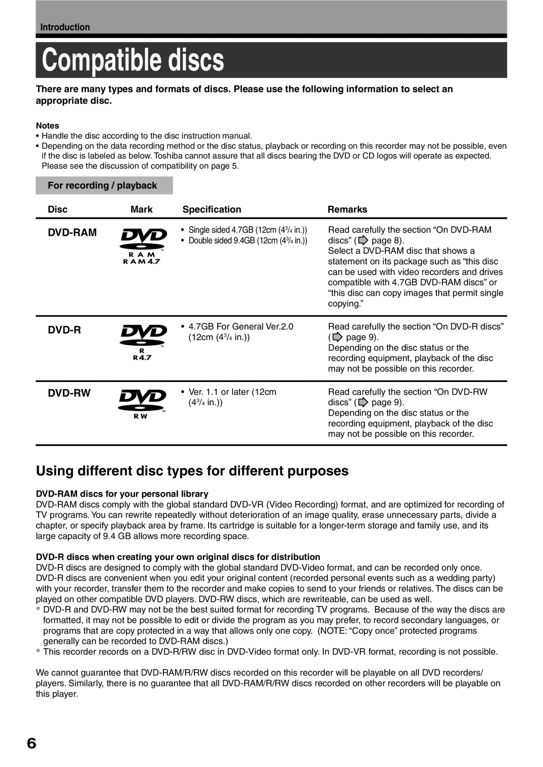 Toshiba D-R2SU, D-R2SC, D-KR2SU owner manual Compatible discs, For recording / playback Disc Mark Specification Remarks 