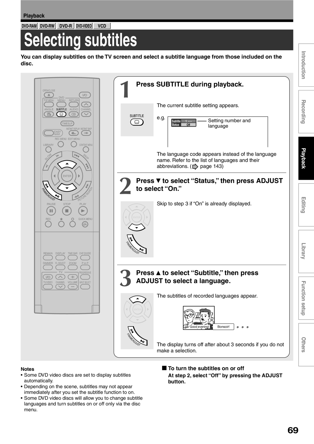 Toshiba D-R2SU Selecting subtitles, Press Subtitle during playback, Press to select Status, then press Adjust to select On 