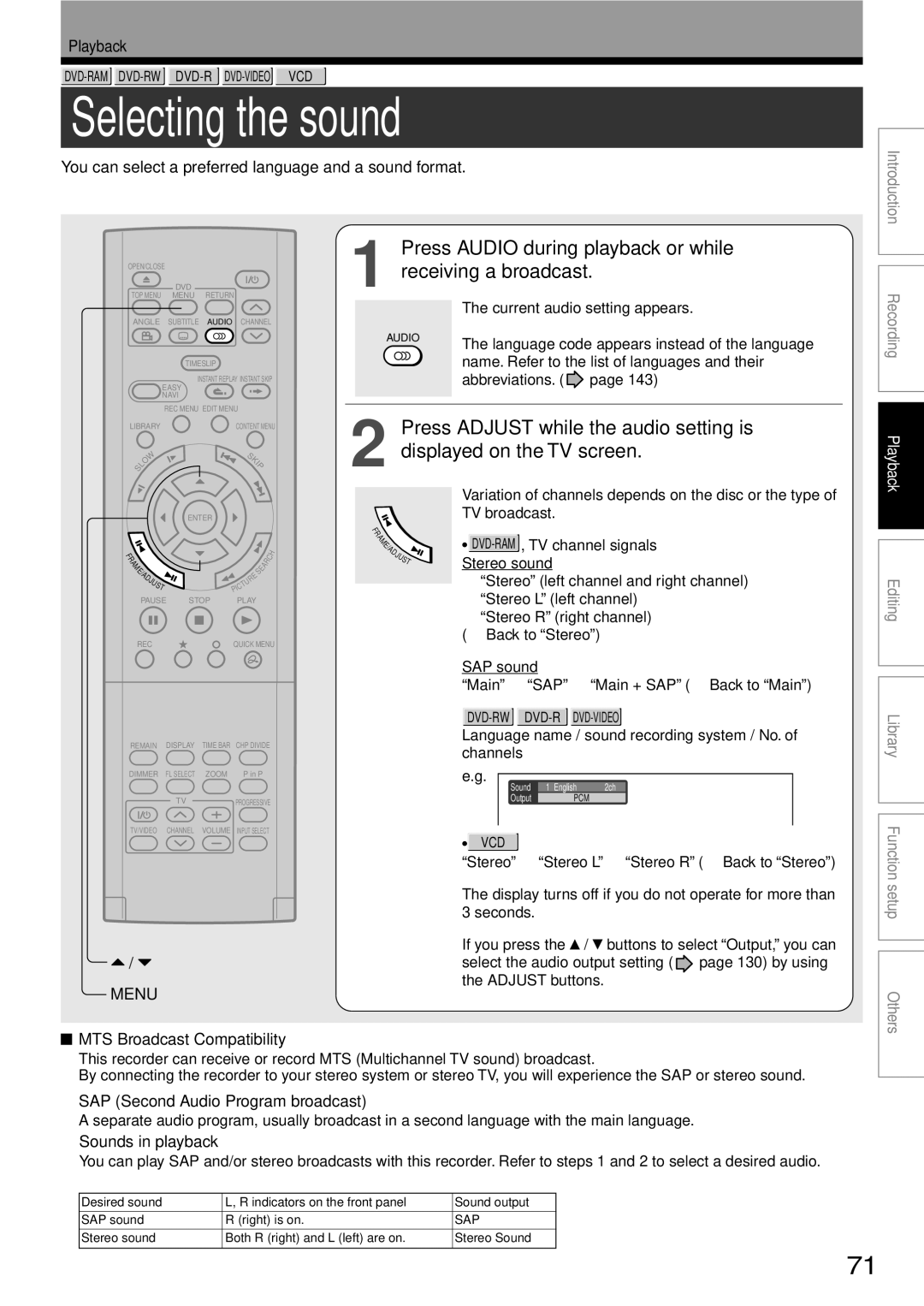 Toshiba D-KR2SU Selecting the sound, You can select a preferred language and a sound format, MTS Broadcast Compatibility 