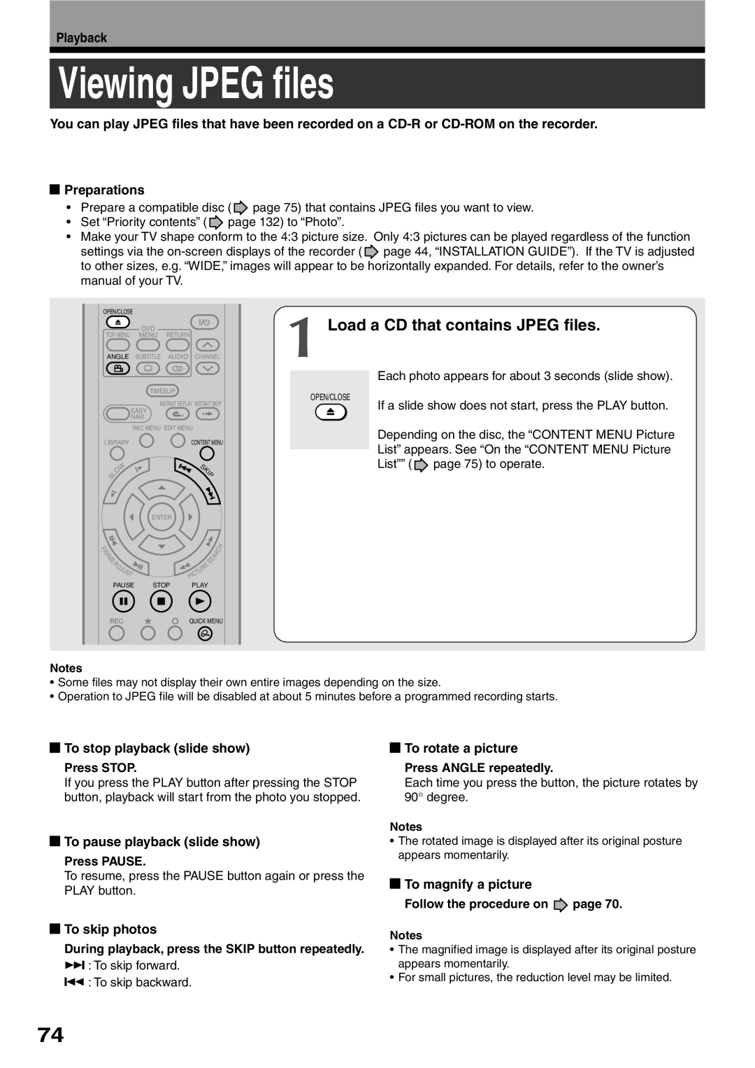 Toshiba D-KR2SU, D-R2SU, D-R2SC owner manual Viewing Jpeg files, Load a CD that contains Jpeg files 