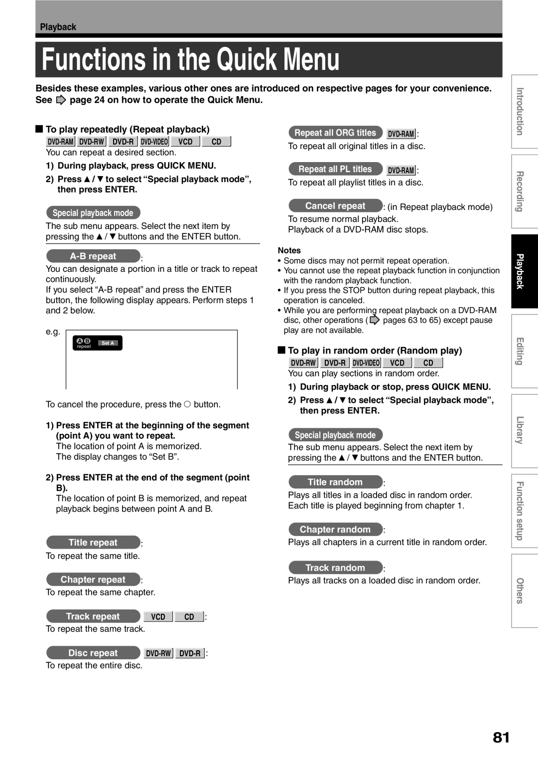 Toshiba D-R2SU Functions in the Quick Menu, To play repeatedly Repeat playback, To play in random order Random play 