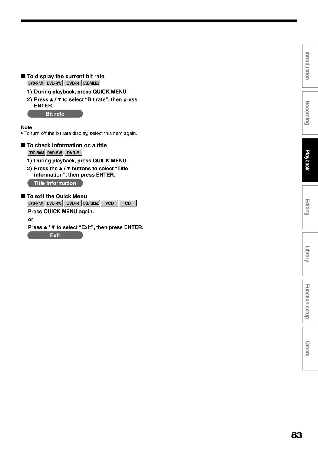 Toshiba D-KR2SU, D-R2SU, D-R2SC owner manual To display the current bit rate, To check information on a title 