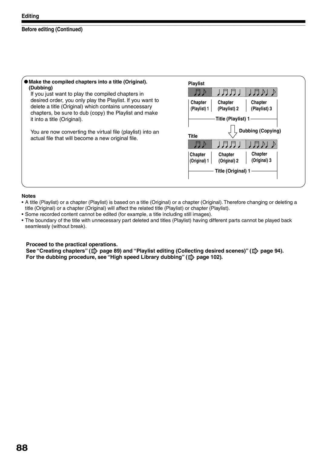 Toshiba D-R2SC, D-R2SU, D-KR2SU Editing Before editing, Make the compiled chapters into a title Original. Dubbing, Title 