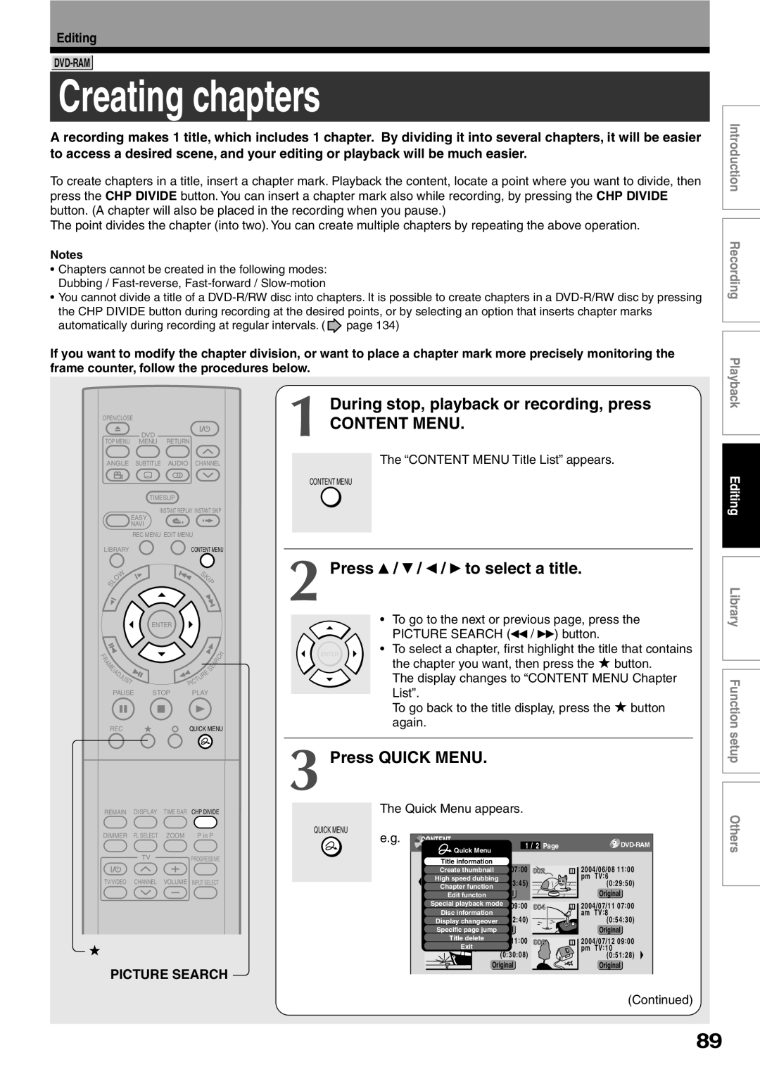 Toshiba D-KR2SU, D-R2SU, D-R2SC Creating chapters, During stop, playback or recording, press, Press / / / to select a title 