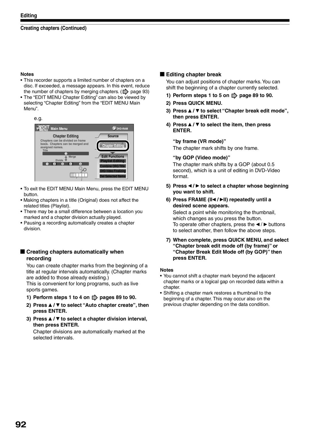 Toshiba D-KR2SU, D-R2SU, D-R2SC owner manual Creating chapters automatically when recording, Editing chapter break 