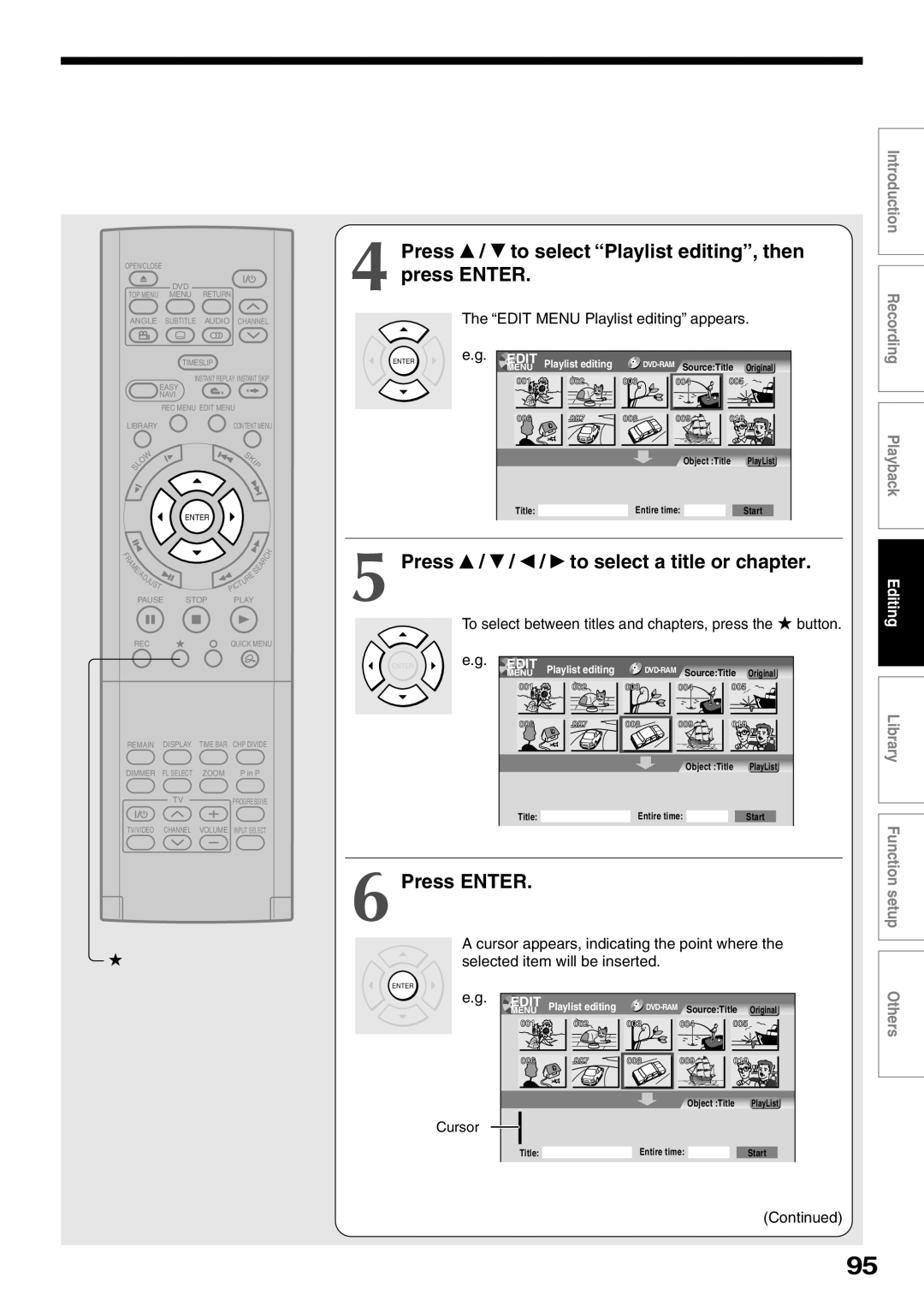 Toshiba D-KR2SU, D-R2SU, D-R2SC owner manual Cursor, Playlist editing 