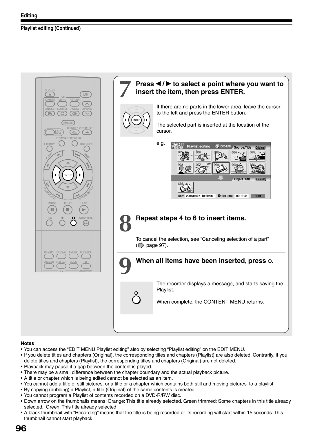 Toshiba D-R2SU Repeat steps 4 to 6 to insert items, When all items have been inserted, press, Editing Playlist editing 