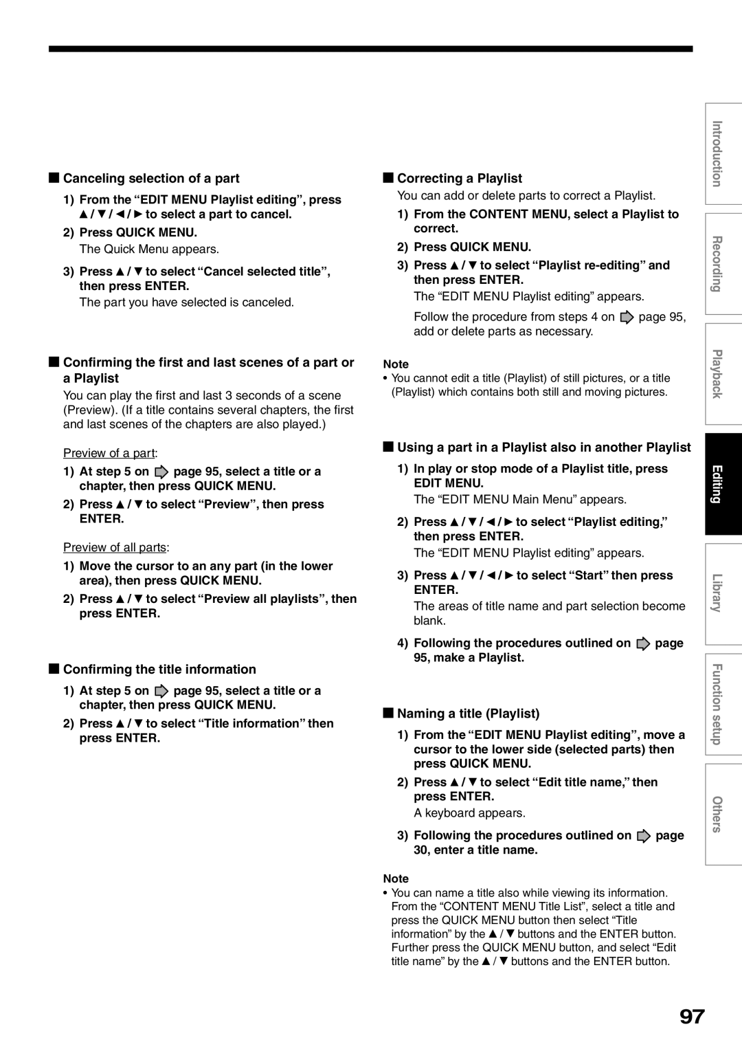 Toshiba D-R2SC, D-R2SU, D-KR2SU Canceling selection of a part, Confirming the title information, Correcting a Playlist 