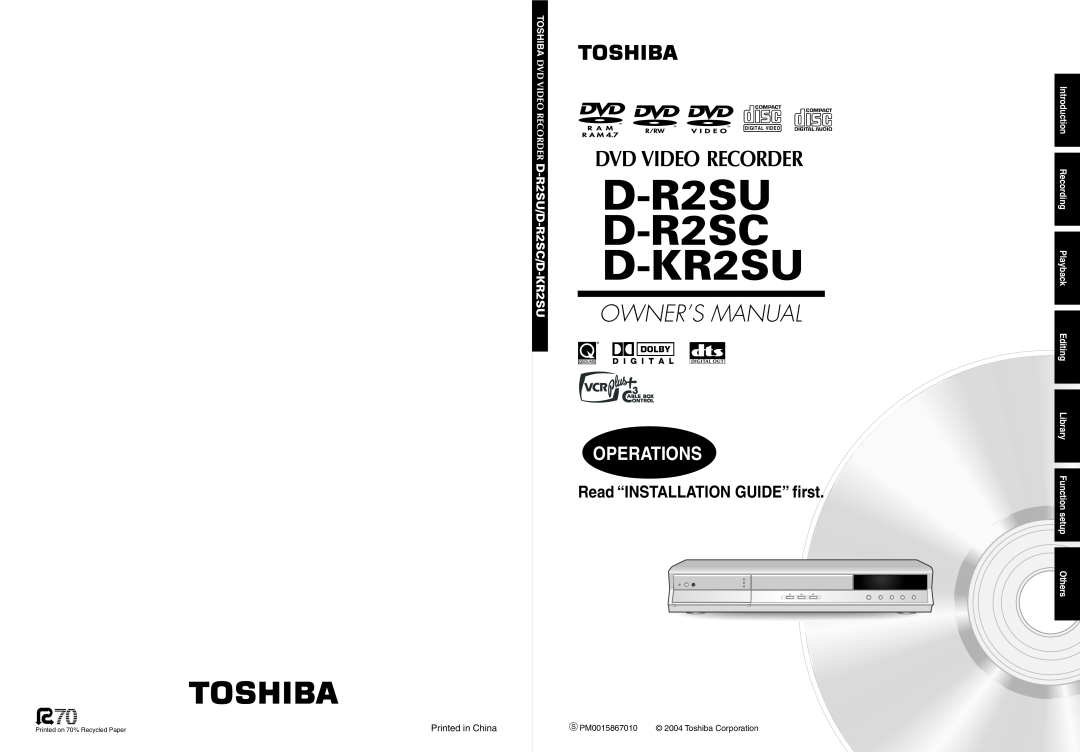 Toshiba owner manual Operations, D-R2SU, D-R2SC D-KR2SU, Owner’S Manual, Dvd Video Recorder, Toshiba Corporation 