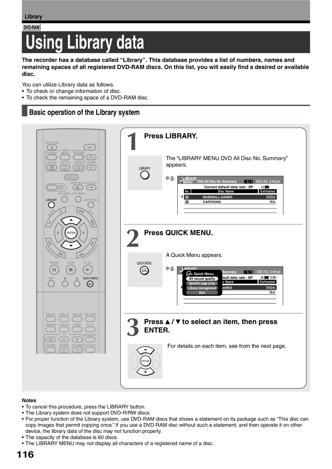 Toshiba D-KR2SU Using Library data, Basic operation of the Library system, Press LIBRARY, Press QUICK MENU, Dvd-Ram 