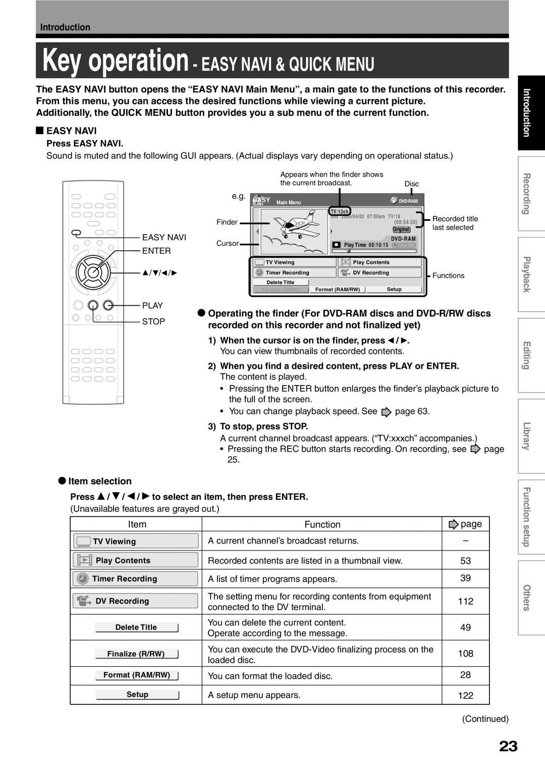 Toshiba D-KR2SU, D-R2SU Key operation - EASY NAVI & QUICK MENU, Easy Navi, Item selection, Introduction, Press EASY NAVI 