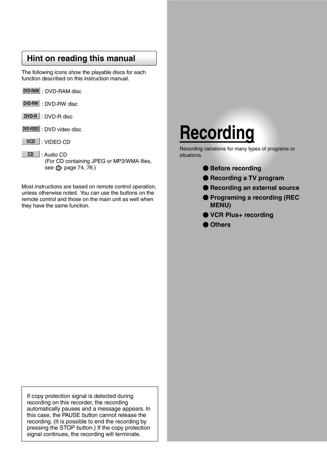 Toshiba D-R2SC, D-R2SU Recording, Hint on reading this manual, Programing a recording REC MENU VCR Plus+ recording Others 