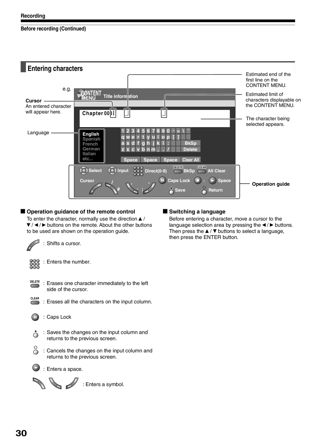 Toshiba D-R2SU Entering characters, Operation guidance of the remote control, Switching a language, Operation guide 