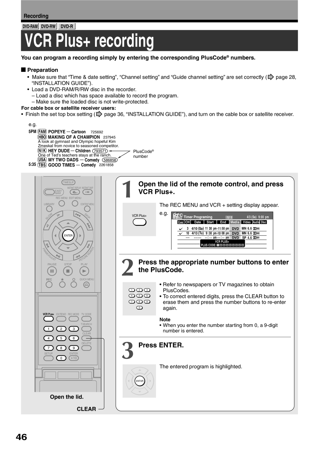 Toshiba D-R2SC VCR Plus+ recording, Open the lid of the remote control, and press VCR Plus+, Press ENTER, Recording 