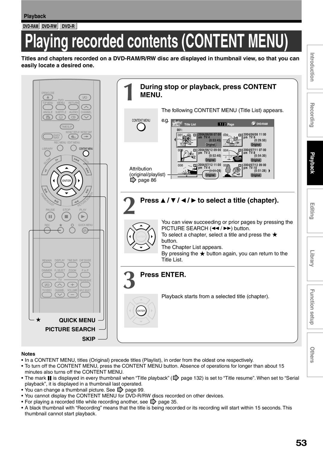 Toshiba D-KR2SU, D-R2SU During stop or playback, press CONTENT MENU, Press / / / to select a title chapter, Picture Search 