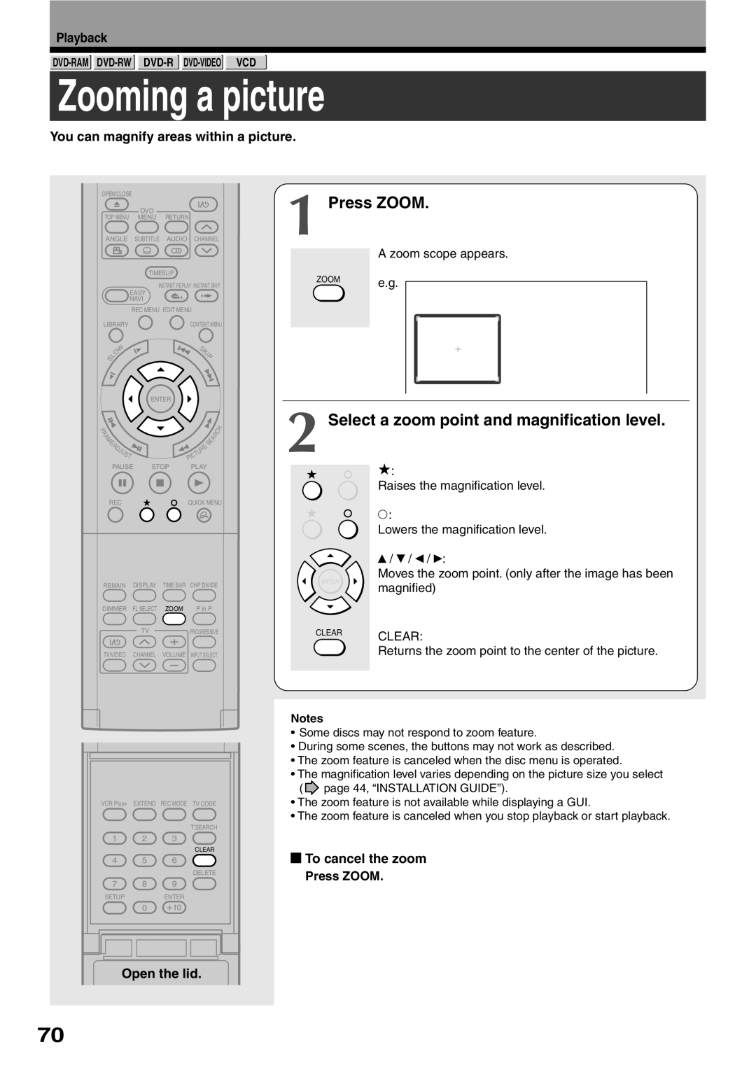 Toshiba D-R2SC Zooming a picture, Press ZOOM, Select a zoom point and magnification level, To cancel the zoom, Playback 