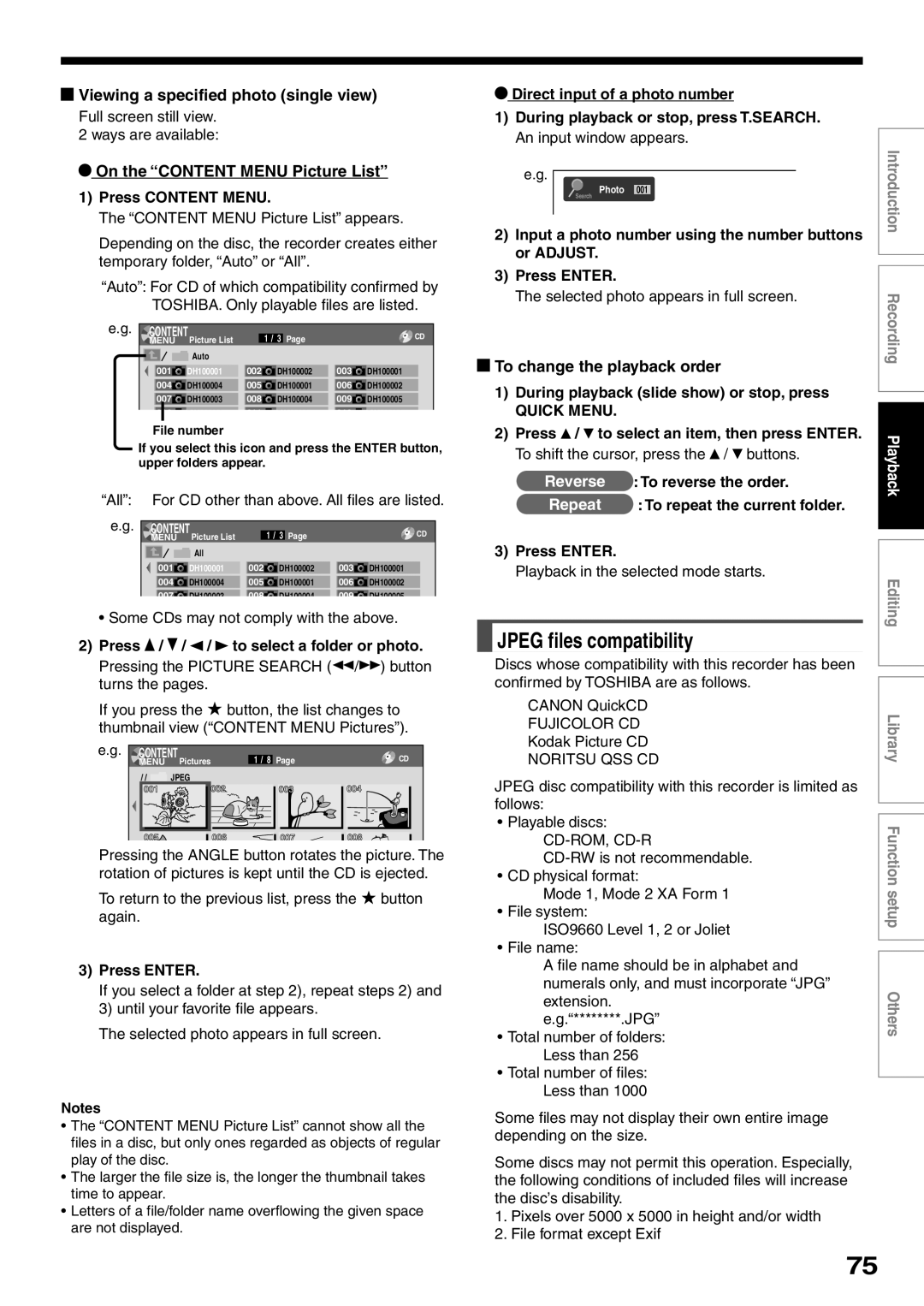 Toshiba D-R2SU, D-R2SC JPEG files compatibility, Viewing a specified photo single view, On the “CONTENT MENU Picture List” 