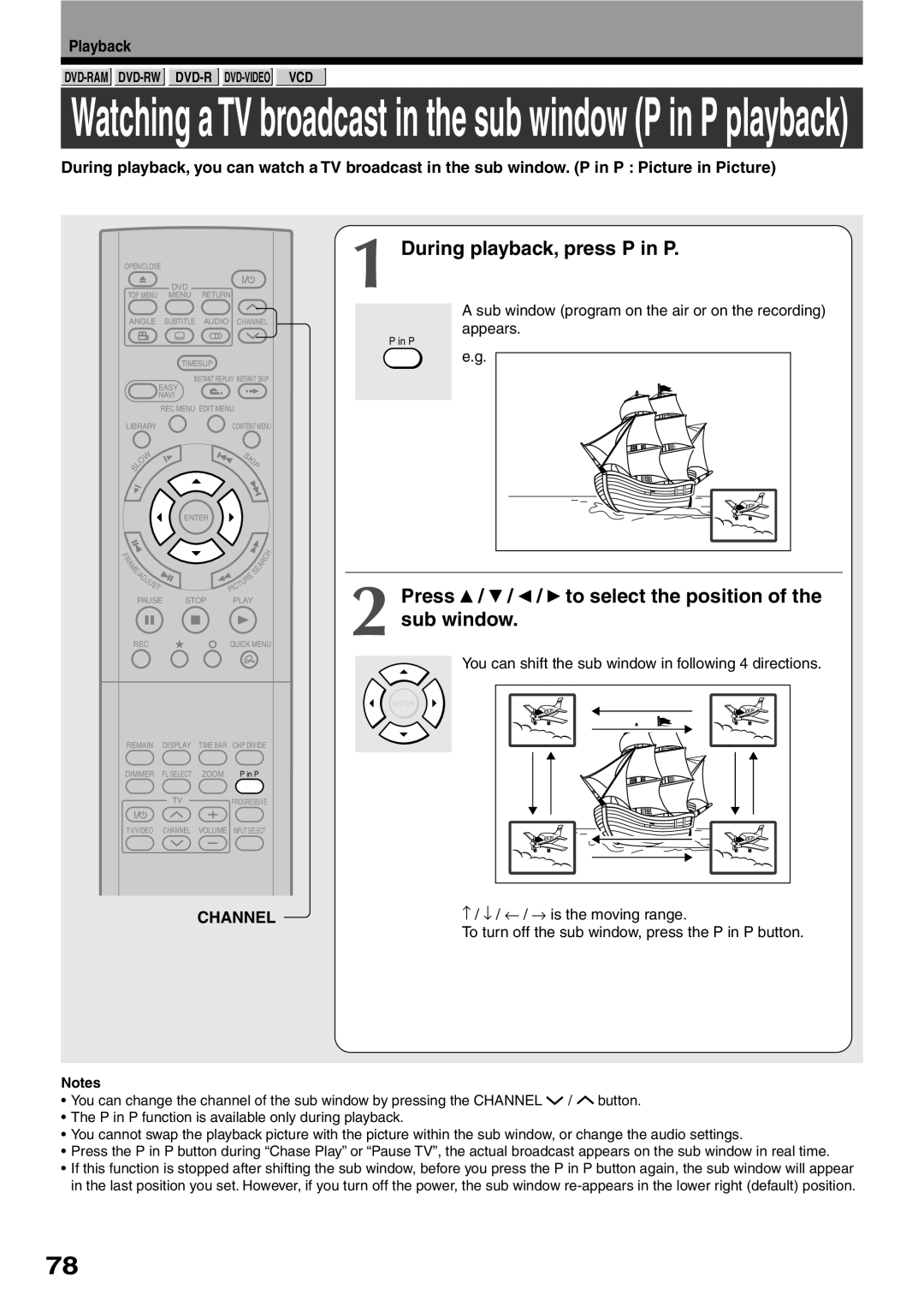 Toshiba D-R2SU During playback, press P in P, Press / / / to select the position of the sub window, Channel, Playback 