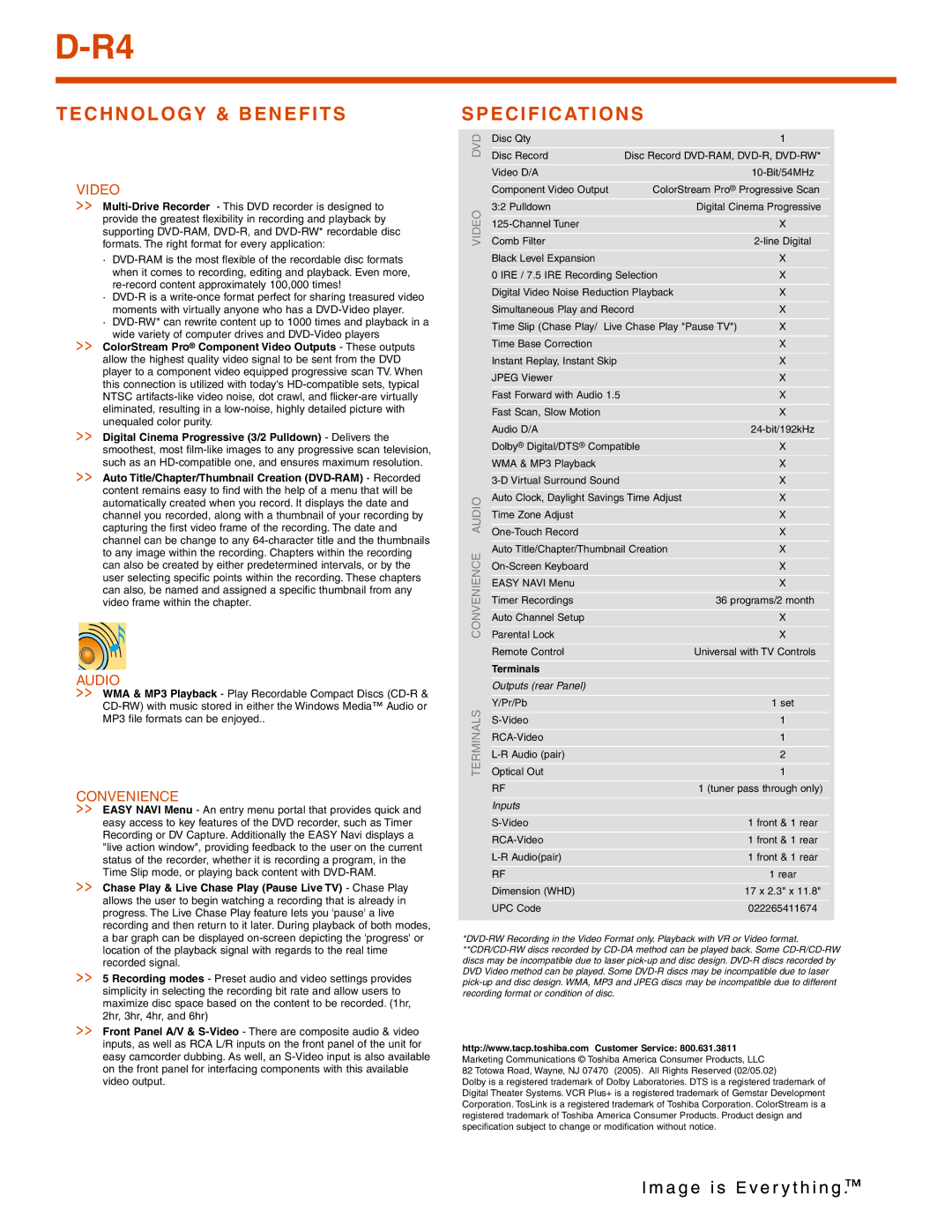 Toshiba D-R4 manual Technology & Benefits, Specifications, Video, Audio, Convenience 