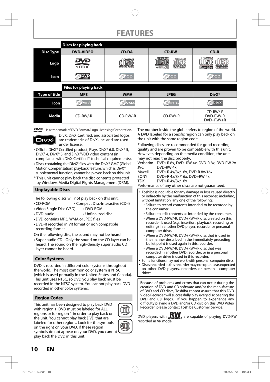 Toshiba D-R400 owner manual Unplayable Discs, Color Systems, Region Codes, Cd-Da Cd-Rw 