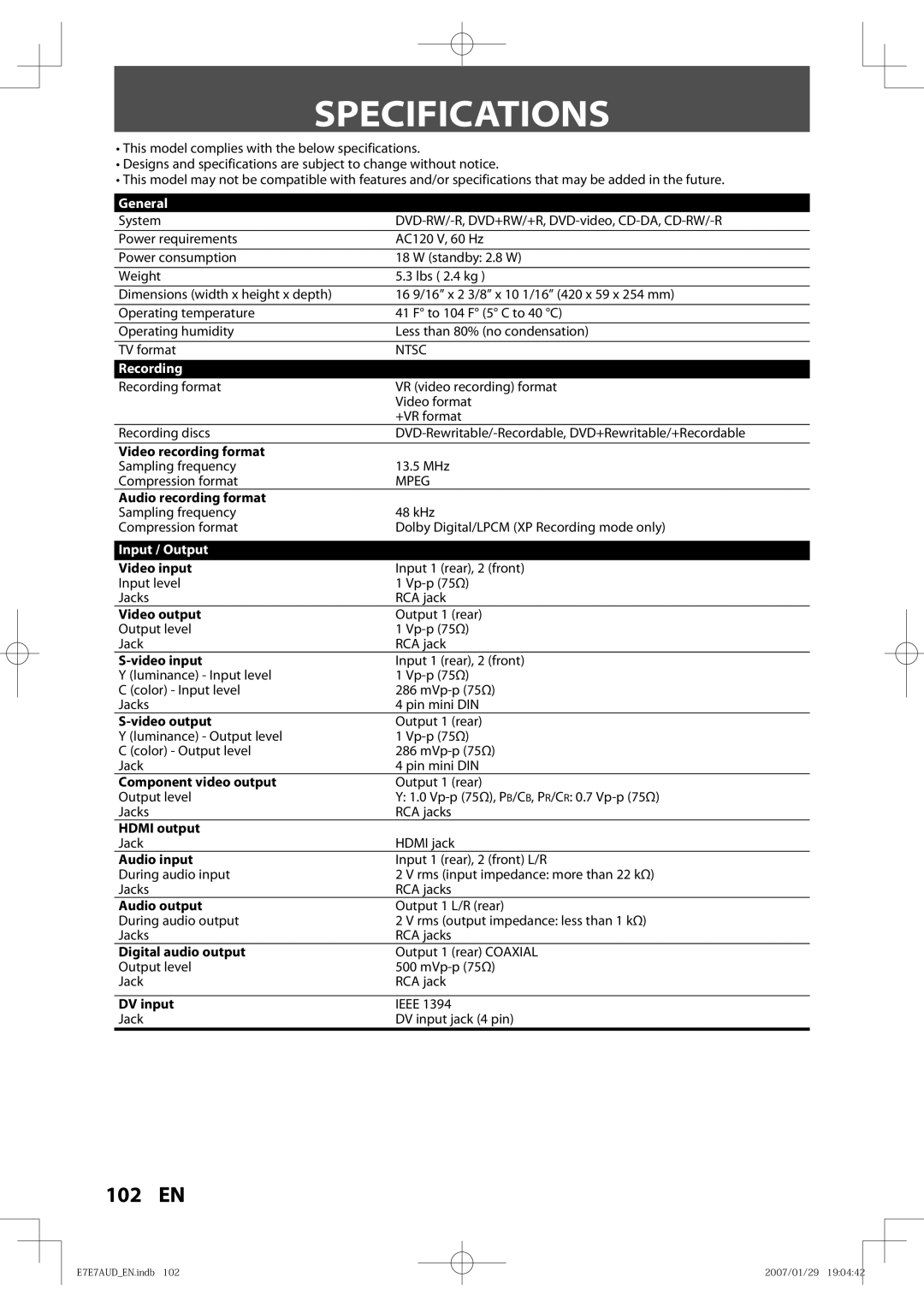 Toshiba D-R400 owner manual Specifications, General, Input / Output 