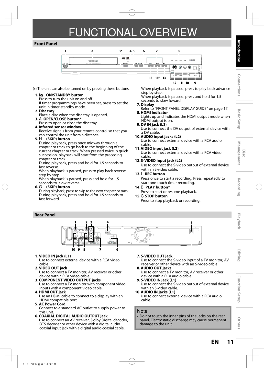 Toshiba D-R400 owner manual Functional Overview, Front Panel, Rear Panel 