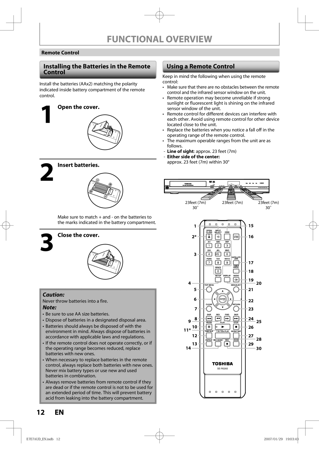 Toshiba D-R400 owner manual Functional Overview, Installing the Batteries in the Remote Control, Using a Remote Control 