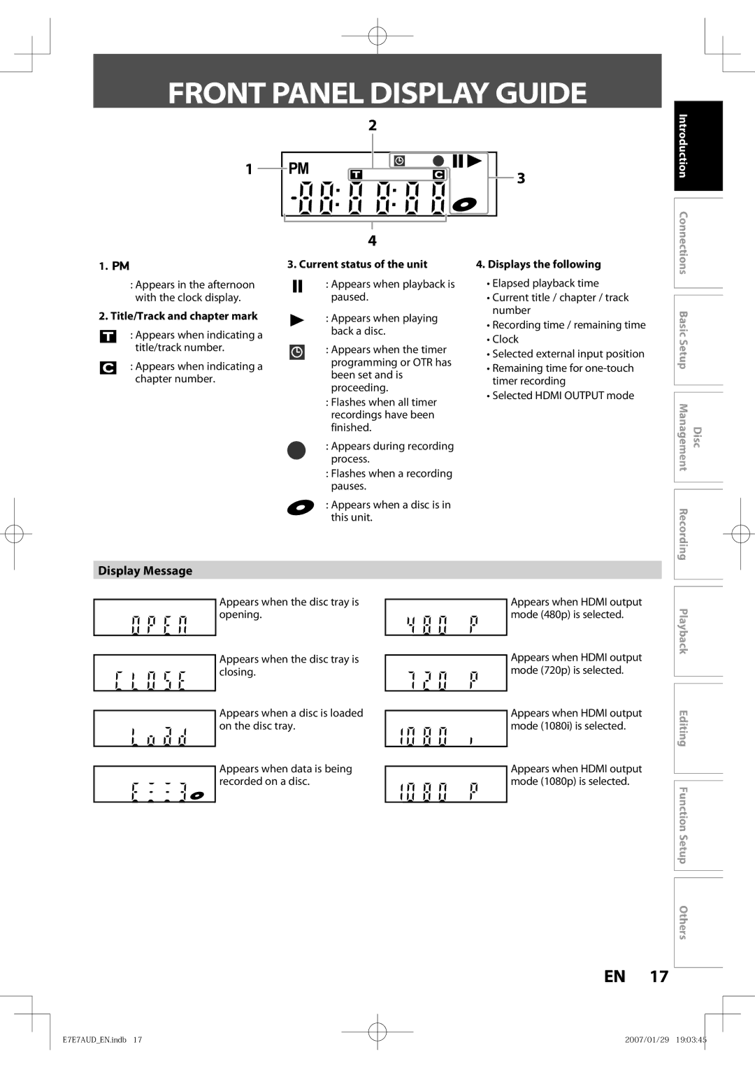 Toshiba D-R400 Front Panel Display Guide, Display Message, Title/Track and chapter mark, Current status of the unit 