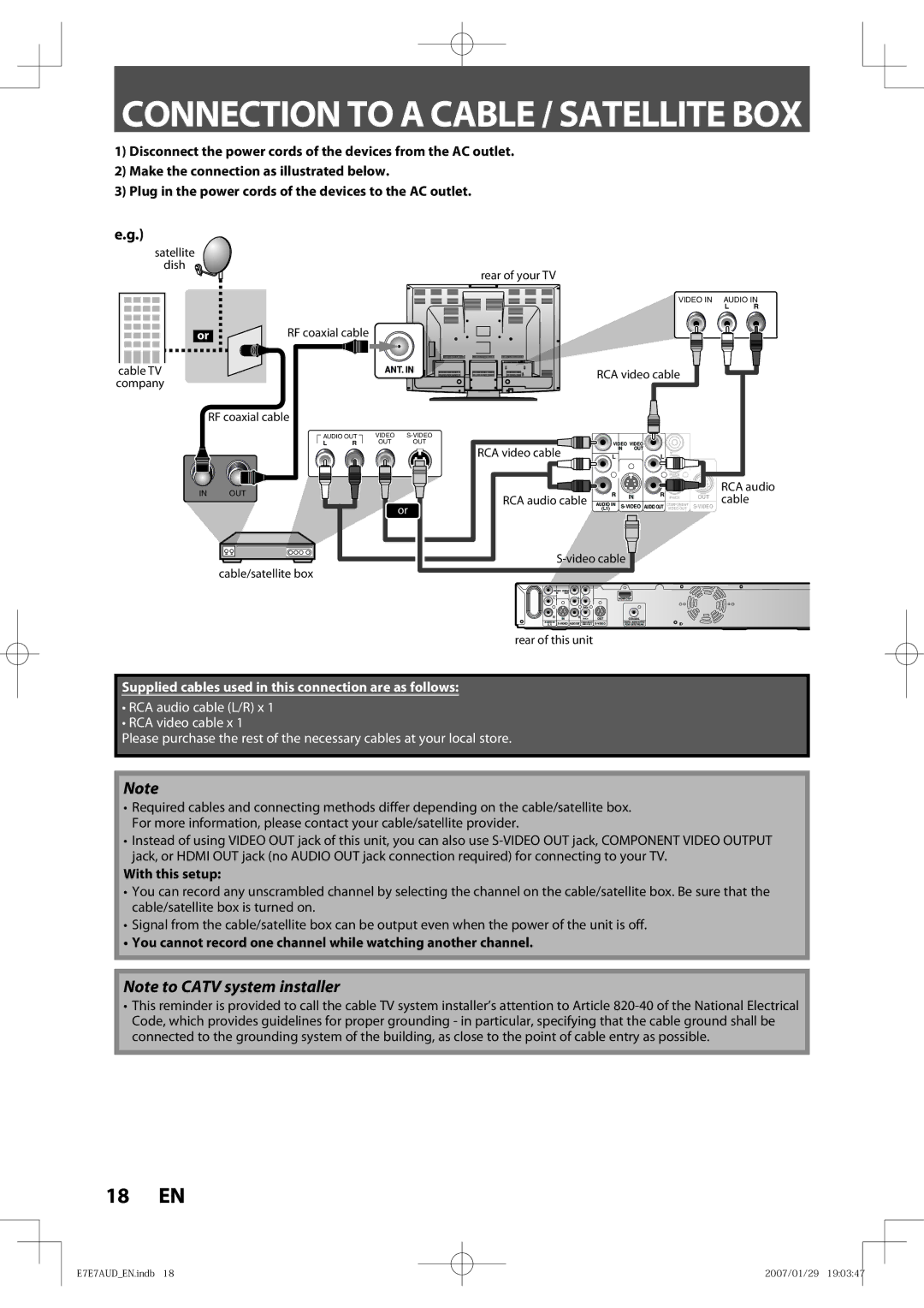 Toshiba D-R400 owner manual Connection to a Cable / Satellite BOX, Supplied cables used in this connection are as follows 