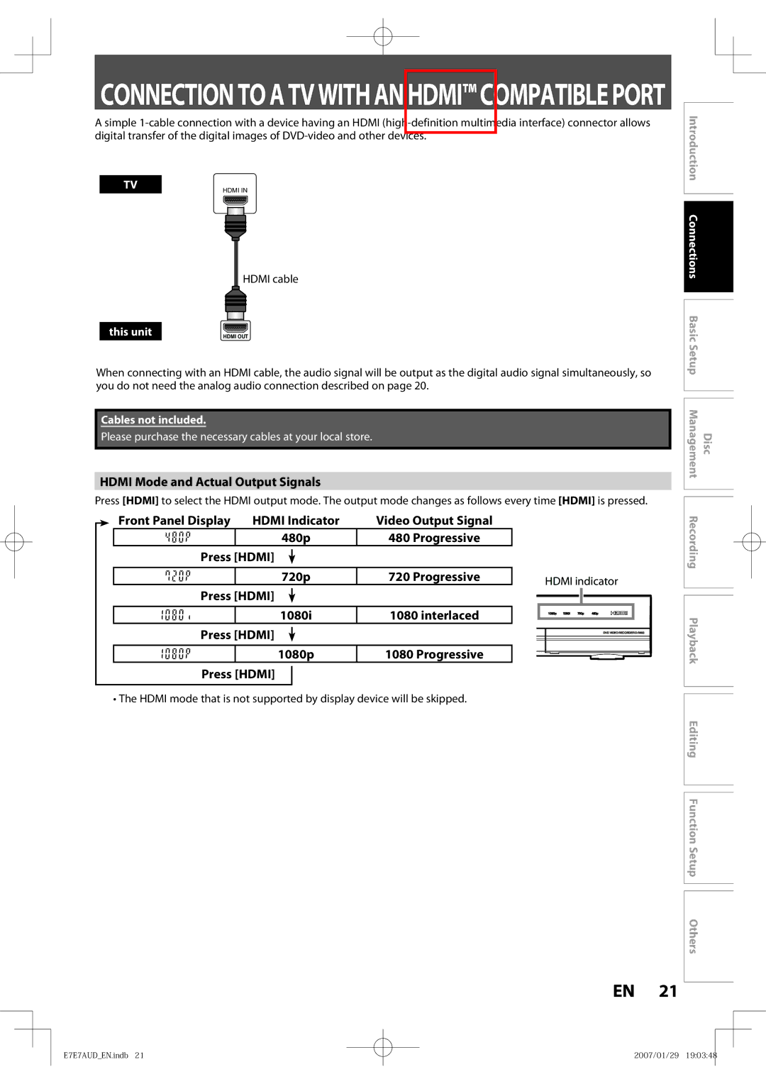 Toshiba D-R400 owner manual Hdmi Mode and Actual Output Signals, Hdmi Indicator, 480p, Press Hdmi 720p, Press Hdmi 1080i 