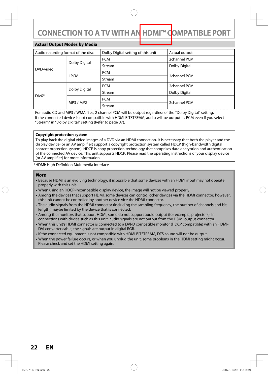 Toshiba D-R400 Actual Output Modes by Media, 2channel PCM, DVD-video Stream Dolby Digital, Copyright protection system 